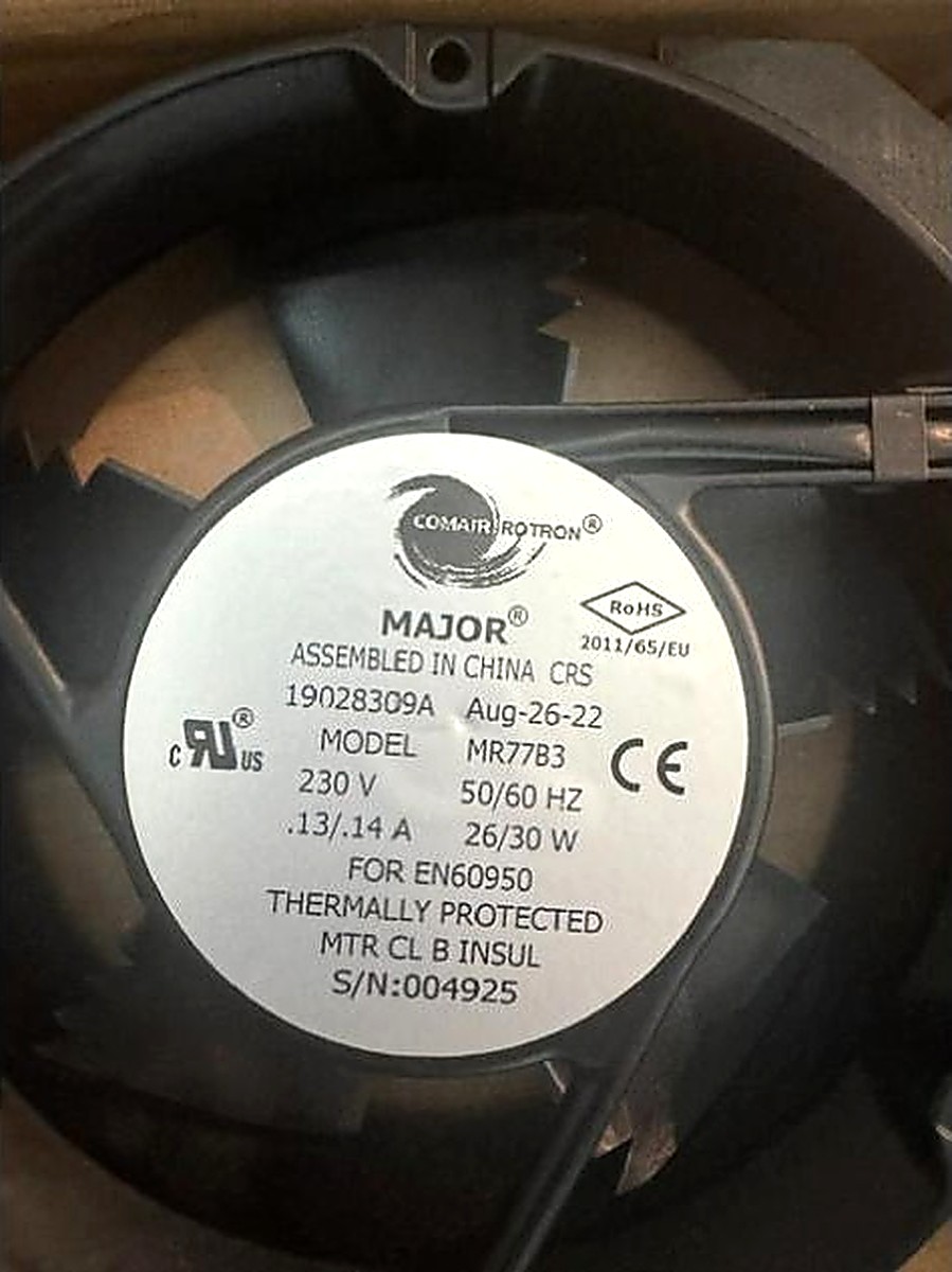 Comair Rotron Major MR77B3 fan label: 19028309A, 230 V, 50/60 Hz, .13/.14 A, 26/30 W, thermally protected