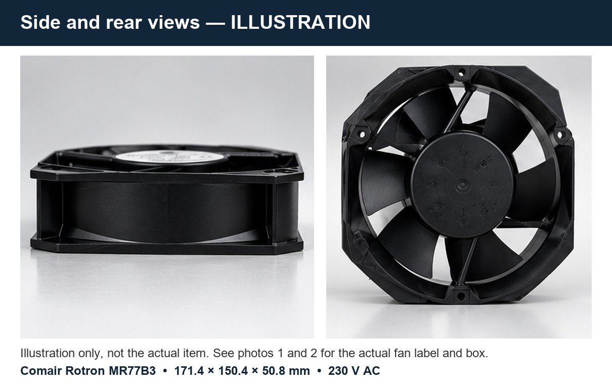 Illustration of the Comair Rotron MR77B3 fan, side and rear views (not the actual item)